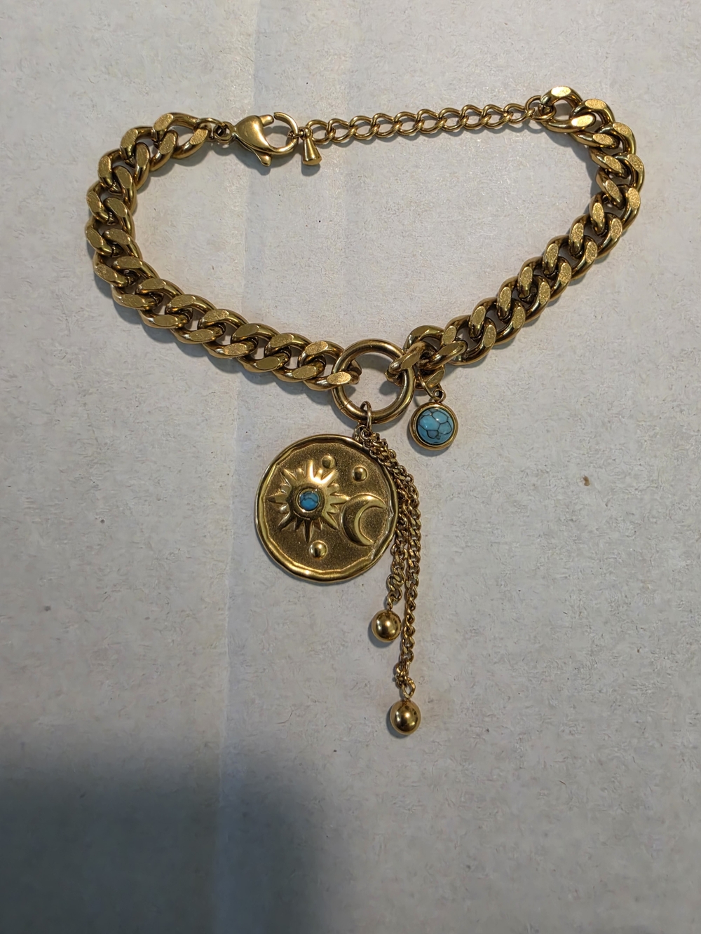 Vintage Gold-Tone Sun & Moon Charm Bracelet with Turquoise Accents